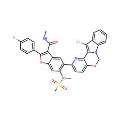 CNC(=O)c1c(-c2ccc(F)cc2)oc2cc(N(C)S(C)(=O)=O)c(-c3ccc4c(n3)-c3c(Cl)c5ccccc5n3CO4)cc12 ZINC000206364725