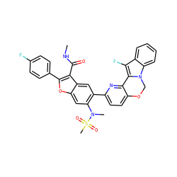 CNC(=O)c1c(-c2ccc(F)cc2)oc2cc(N(C)S(C)(=O)=O)c(-c3ccc4c(n3)-c3c(F)c5ccccc5n3CO4)cc12 ZINC000148256257