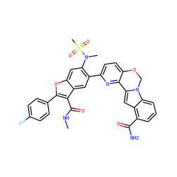 CNC(=O)c1c(-c2ccc(F)cc2)oc2cc(N(C)S(C)(=O)=O)c(-c3ccc4c(n3)-c3cc5c(C(N)=O)cccc5n3CO4)cc12 ZINC000205191533