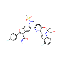 CNC(=O)c1c(-c2ccc(F)cc2)oc2cc(N(C)S(C)(=O)=O)c(-c3ccc4c(n3)-c3cc5c(F)cccc5n3[C@](C)(CO)O4)cc12 ZINC001772599687