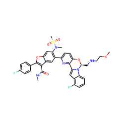CNC(=O)c1c(-c2ccc(F)cc2)oc2cc(N(C)S(C)(=O)=O)c(-c3ccc4c(n3)-c3cc5c(F)cccc5n3[C@H](CNCCOC)O4)cc12 ZINC000218306989