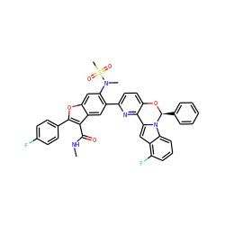 CNC(=O)c1c(-c2ccc(F)cc2)oc2cc(N(C)S(C)(=O)=O)c(-c3ccc4c(n3)-c3cc5c(F)cccc5n3[C@H](c3ccccc3)O4)cc12 ZINC000205190276