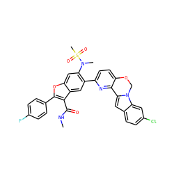 CNC(=O)c1c(-c2ccc(F)cc2)oc2cc(N(C)S(C)(=O)=O)c(-c3ccc4c(n3)-c3cc5ccc(Cl)cc5n3CO4)cc12 ZINC000205193119