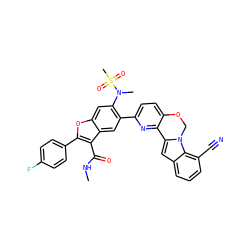 CNC(=O)c1c(-c2ccc(F)cc2)oc2cc(N(C)S(C)(=O)=O)c(-c3ccc4c(n3)-c3cc5cccc(C#N)c5n3CO4)cc12 ZINC000148254223