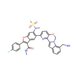 CNC(=O)c1c(-c2ccc(F)cc2)oc2cc(N(C)S(C)(=O)=O)c(-c3ccc4c(n3)-c3cc5cccc(CN)c5n3CO4)cc12 ZINC000205191254