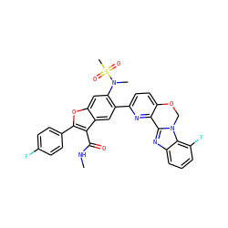 CNC(=O)c1c(-c2ccc(F)cc2)oc2cc(N(C)S(C)(=O)=O)c(-c3ccc4c(n3)-c3nc5cccc(F)c5n3CO4)cc12 ZINC000148262836