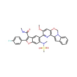 CNC(=O)c1c(-c2ccc(F)cc2)oc2cc(N(C)S(C)(=O)=O)c(-c3nc4c(cc3OC)OCn3c-4cc4ccccc43)cc12 ZINC000148294939