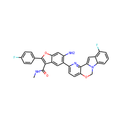 CNC(=O)c1c(-c2ccc(F)cc2)oc2cc(N)c(-c3ccc4c(n3)-c3cc5c(F)cccc5n3CO4)cc12 ZINC000146628016