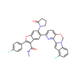CNC(=O)c1c(-c2ccc(F)cc2)oc2cc(N3CCCC3=O)c(-c3ccc4c(n3)-c3cc5c(F)cccc5n3CO4)cc12 ZINC000148284204