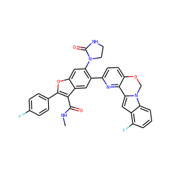 CNC(=O)c1c(-c2ccc(F)cc2)oc2cc(N3CCNC3=O)c(-c3ccc4c(n3)-c3cc5c(F)cccc5n3CO4)cc12 ZINC000148302696
