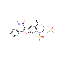 CNC(=O)c1c(-c2ccc(F)cc2)oc2cc3c(cc12)[C@@H](C)O[C@H](CS(C)(=O)=O)CN3S(C)(=O)=O ZINC000143676498