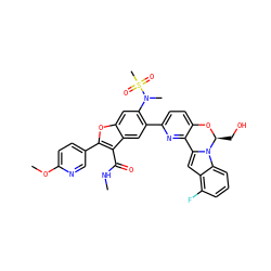 CNC(=O)c1c(-c2ccc(OC)nc2)oc2cc(N(C)S(C)(=O)=O)c(-c3ccc4c(n3)-c3cc5c(F)cccc5n3[C@H](CO)O4)cc12 ZINC000212212016