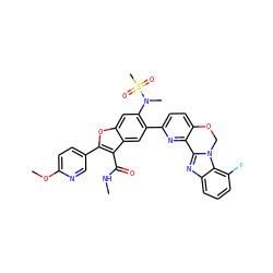 CNC(=O)c1c(-c2ccc(OC)nc2)oc2cc(N(C)S(C)(=O)=O)c(-c3ccc4c(n3)-c3nc5cccc(F)c5n3CO4)cc12 ZINC000212217914
