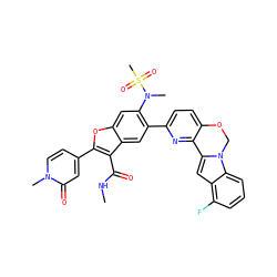 CNC(=O)c1c(-c2ccn(C)c(=O)c2)oc2cc(N(C)S(C)(=O)=O)c(-c3ccc4c(n3)-c3cc5c(F)cccc5n3CO4)cc12 ZINC000212211361