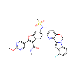 CNC(=O)c1c(-c2cnc(OC)nc2)oc2cc(N(C)S(C)(=O)=O)c(-c3ccc4c(n3)-c3cc5c(F)cccc5n3CO4)cc12 ZINC000212204835