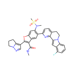 CNC(=O)c1c(-c2cnn3c2CCC3)oc2cc(N(C)S(C)(=O)=O)c(-c3ccc4c(n3)-c3cc5c(F)cccc5n3CC4)cc12 ZINC000212211463