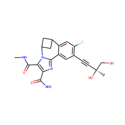 CNC(=O)c1c(C(N)=O)nc2n1C1CC(C1)c1cc(F)c(C#C[C@](C)(O)CO)cc1-2 ZINC000205808511