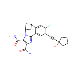 CNC(=O)c1c(C(N)=O)nc2n1C1CC(C1)c1cc(F)c(C#CC3(O)CCCC3)cc1-2 ZINC000219481370