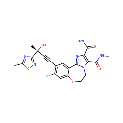 CNC(=O)c1c(C(N)=O)nc2n1CCOc1cc(F)c(C#C[C@@](C)(O)c3noc(C)n3)cc1-2 ZINC000215745158