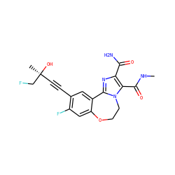CNC(=O)c1c(C(N)=O)nc2n1CCOc1cc(F)c(C#C[C@](C)(O)CF)cc1-2 ZINC000219445711