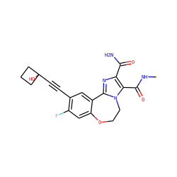 CNC(=O)c1c(C(N)=O)nc2n1CCOc1cc(F)c(C#CC3(O)CCC3)cc1-2 ZINC000215761806