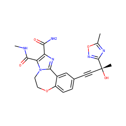 CNC(=O)c1c(C(N)=O)nc2n1CCOc1ccc(C#C[C@@](C)(O)c3noc(C)n3)cc1-2 ZINC000215745445