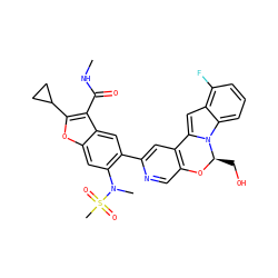 CNC(=O)c1c(C2CC2)oc2cc(N(C)S(C)(=O)=O)c(-c3cc4c(cn3)O[C@H](CO)n3c-4cc4c(F)cccc43)cc12 ZINC000220469375