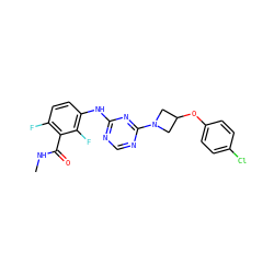 CNC(=O)c1c(F)ccc(Nc2ncnc(N3CC(Oc4ccc(Cl)cc4)C3)n2)c1F ZINC001772651985
