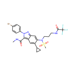 CNC(=O)c1c2cc(C3CC3)c(N(CCCNC(=O)C(F)(F)F)S(C)(=O)=O)cc2nn1-c1ccc(Br)cc1 ZINC000096174180
