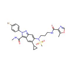 CNC(=O)c1c2cc(C3CC3)c(N(CCCNC(=O)c3ncoc3C)S(C)(=O)=O)cc2nn1-c1ccc(Br)cc1 ZINC000096174181
