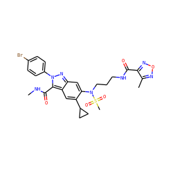 CNC(=O)c1c2cc(C3CC3)c(N(CCCNC(=O)c3nonc3C)S(C)(=O)=O)cc2nn1-c1ccc(Br)cc1 ZINC000096174184