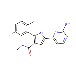 CNC(=O)c1cc(-c2ccnc(N)n2)[nH]c1-c1cc(Cl)ccc1C ZINC000203539782