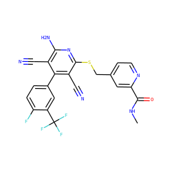 CNC(=O)c1cc(CSc2nc(N)c(C#N)c(-c3ccc(F)c(C(F)(F)F)c3)c2C#N)ccn1 ZINC000144757747