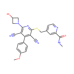 CNC(=O)c1cc(CSc2nc(N3CC(O)C3)c(C#N)c(-c3ccc(OC)cc3)c2C#N)ccn1 ZINC000147189769