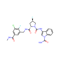 CNC(=O)c1cc(Cl)c(F)c(CNC(=O)[C@@H]2C[C@@H](F)CN2C(=O)Nc2cn(C(N)=O)c3ccccc23)c1 ZINC000148158621