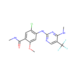CNC(=O)c1cc(Cl)c(Nc2ncc(C(F)(F)F)c(NC)n2)cc1OC ZINC000169705162