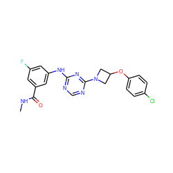 CNC(=O)c1cc(F)cc(Nc2ncnc(N3CC(Oc4ccc(Cl)cc4)C3)n2)c1 ZINC000118583764