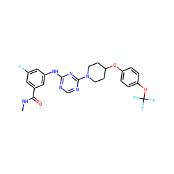 CNC(=O)c1cc(F)cc(Nc2ncnc(N3CCC(Oc4ccc(OC(F)(F)F)cc4)CC3)n2)c1 ZINC001772628754