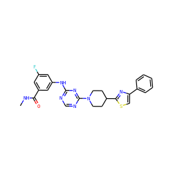 CNC(=O)c1cc(F)cc(Nc2ncnc(N3CCC(c4nc(-c5ccccc5)cs4)CC3)n2)c1 ZINC001772655670