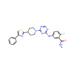 CNC(=O)c1cc(Nc2ncnc(N3CCC(c4nc(-c5ccccc5)cs4)CC3)n2)ccc1F ZINC000144498160
