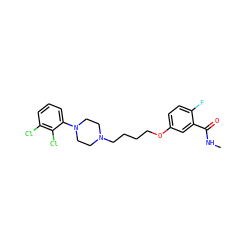 CNC(=O)c1cc(OCCCCN2CCN(c3cccc(Cl)c3Cl)CC2)ccc1F ZINC000653867854