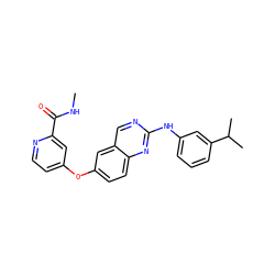 CNC(=O)c1cc(Oc2ccc3nc(Nc4cccc(C(C)C)c4)ncc3c2)ccn1 ZINC000082152988
