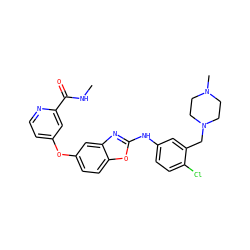 CNC(=O)c1cc(Oc2ccc3oc(Nc4ccc(Cl)c(CN5CCN(C)CC5)c4)nc3c2)ccn1 ZINC000023359478