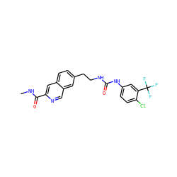 CNC(=O)c1cc2ccc(CCNC(=O)Nc3ccc(Cl)c(C(F)(F)F)c3)cc2cn1 ZINC000071331010