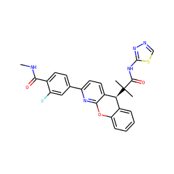CNC(=O)c1ccc(-c2ccc3c(n2)Oc2ccccc2[C@@H]3C(C)(C)C(=O)Nc2nncs2)cc1F ZINC000073157479