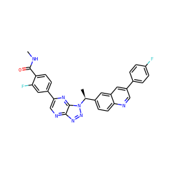 CNC(=O)c1ccc(-c2cnc3nnn([C@@H](C)c4ccc5ncc(-c6ccc(F)cc6)cc5c4)c3n2)cc1F ZINC001772614248