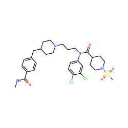 CNC(=O)c1ccc(CC2CCN(CCCN(C(=O)C3CCN(S(C)(=O)=O)CC3)c3ccc(Cl)c(Cl)c3)CC2)cc1 ZINC000038156564
