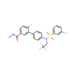 CNC(=O)c1ccc(F)c(-c2ccc(N(CC(F)(F)F)S(=O)(=O)c3cccc(Cl)c3)cc2)c1 ZINC000653917168