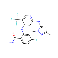 CNC(=O)c1ccc(F)cc1Nc1cc(Nc2cc(C)nn2C)ncc1C(F)(F)F ZINC000116519292