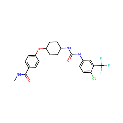 CNC(=O)c1ccc(OC2CCC(NC(=O)Nc3ccc(Cl)c(C(F)(F)F)c3)CC2)cc1 ZINC000096272361